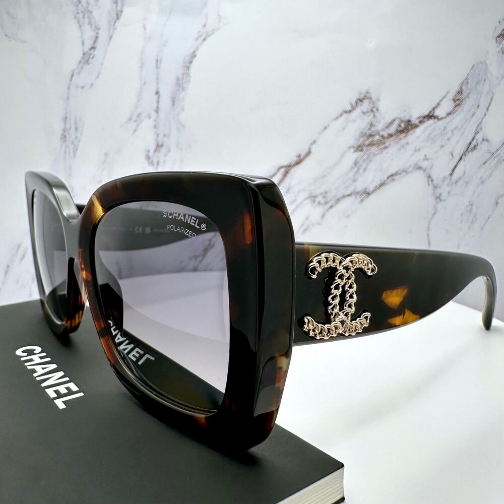 New CHANEL Sunglasses Brown Acetate Tortoise Square Gold Metal Chain CC - Picture 8 of 16